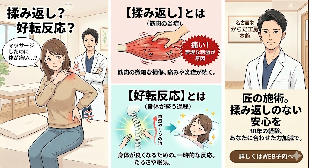 名古屋栄の整体師が教える、揉み返しと好転反応の違い。炎症と回復過程を漫画で解説