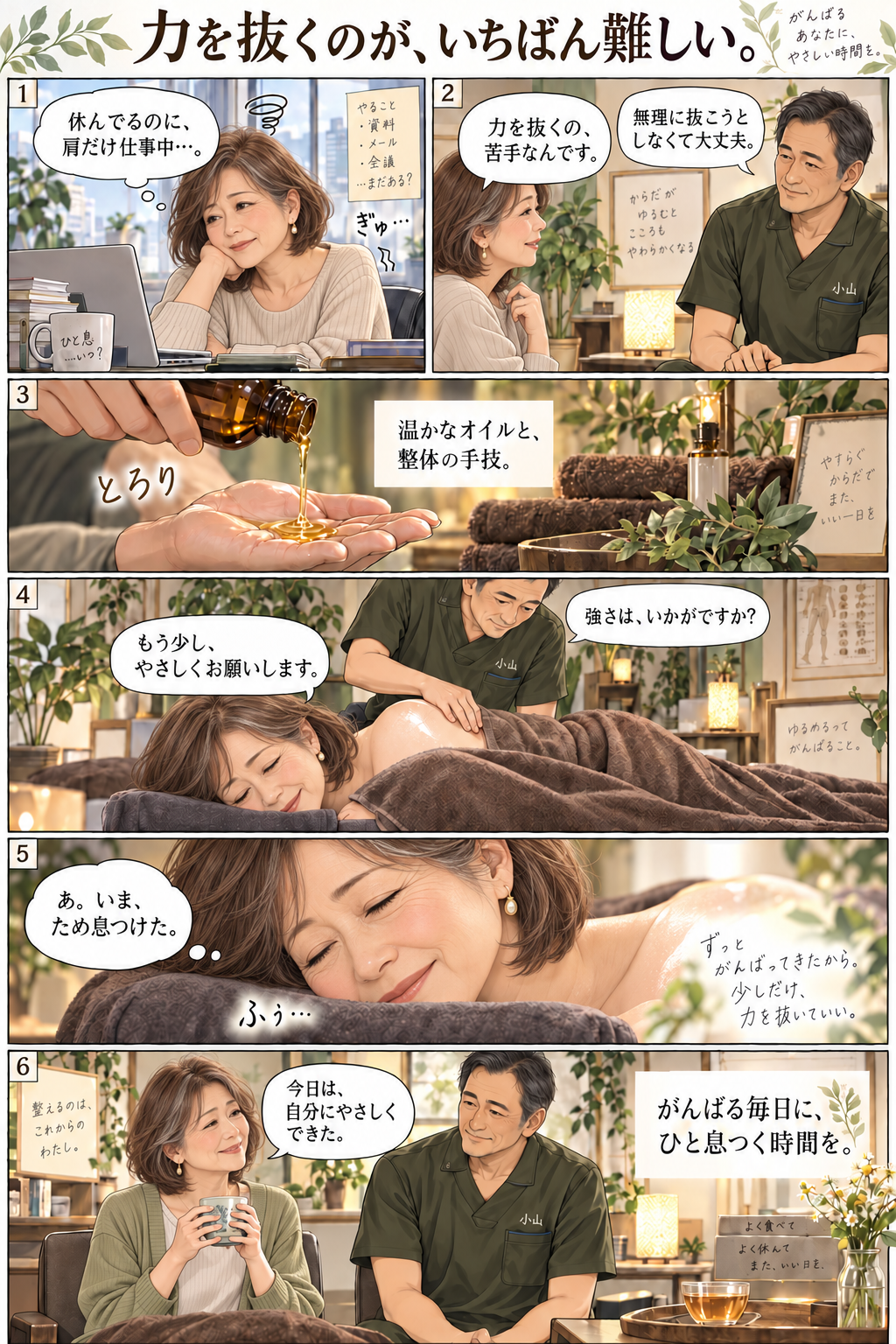 漫画の前半。仕事中も肩に力が入る女性が相談。小山は「無理に抜こうとしなくて大丈夫」と迎える。